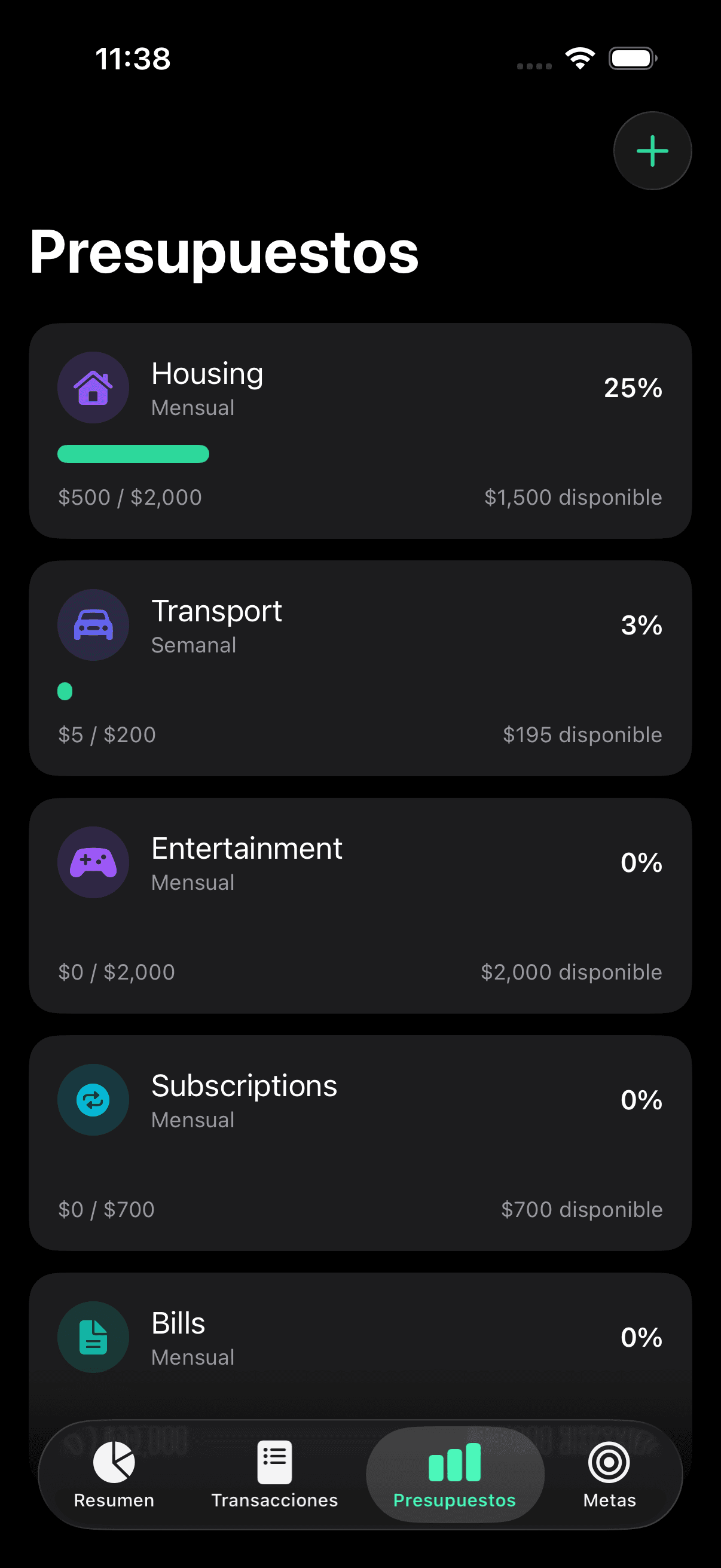 Presupuestos por categoría con cadencia y disponible restante