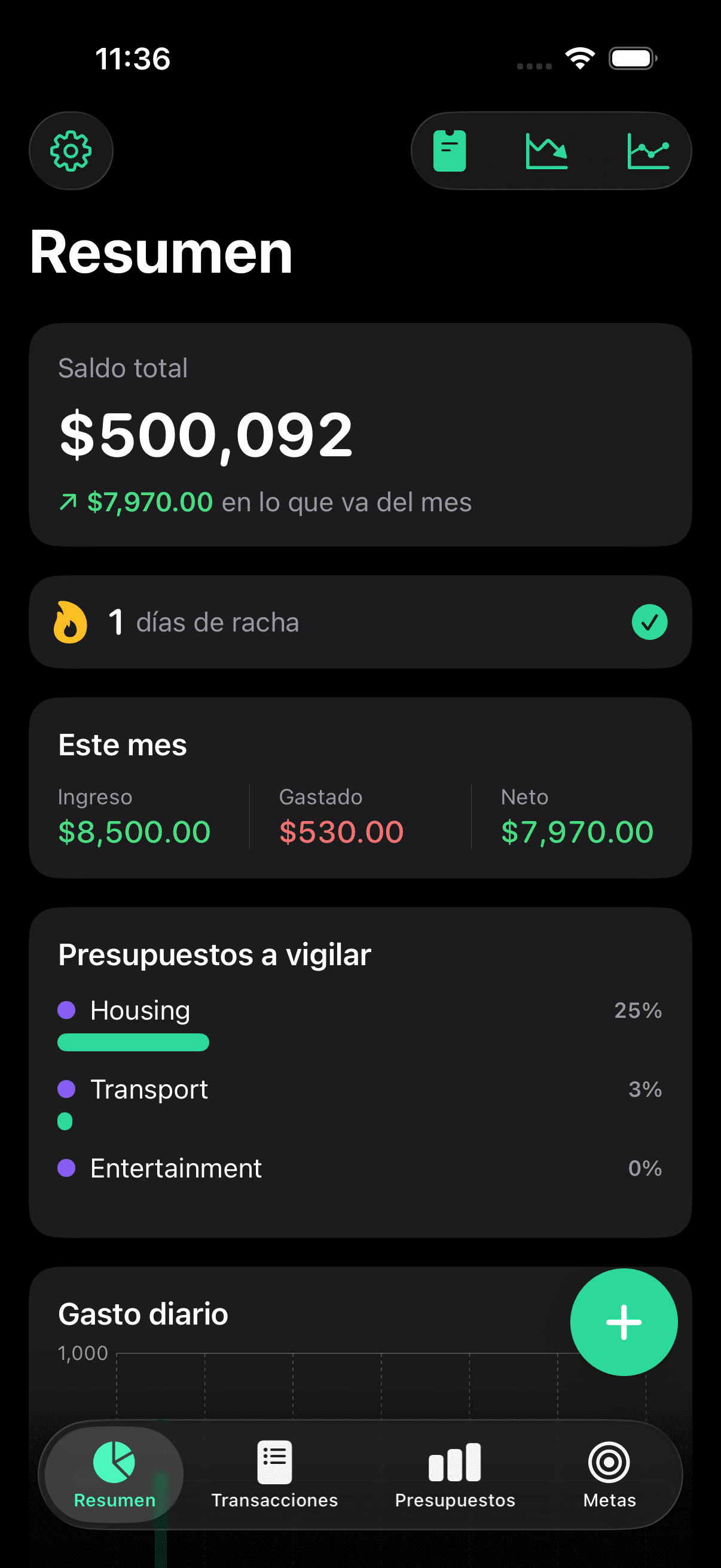 Resumen: saldo, racha diaria y presupuestos a vigilar de un vistazo