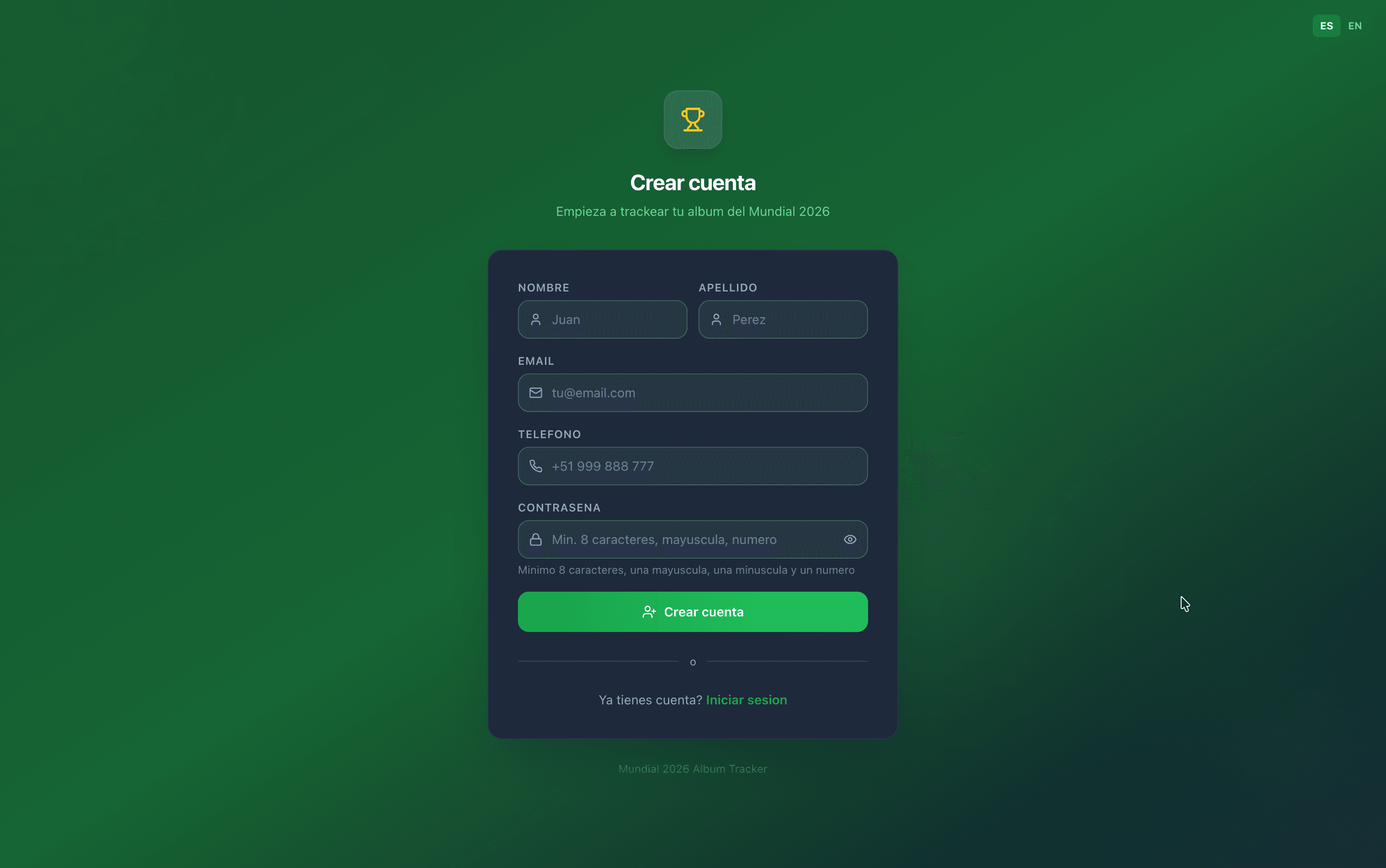Registro de cuenta nueva
