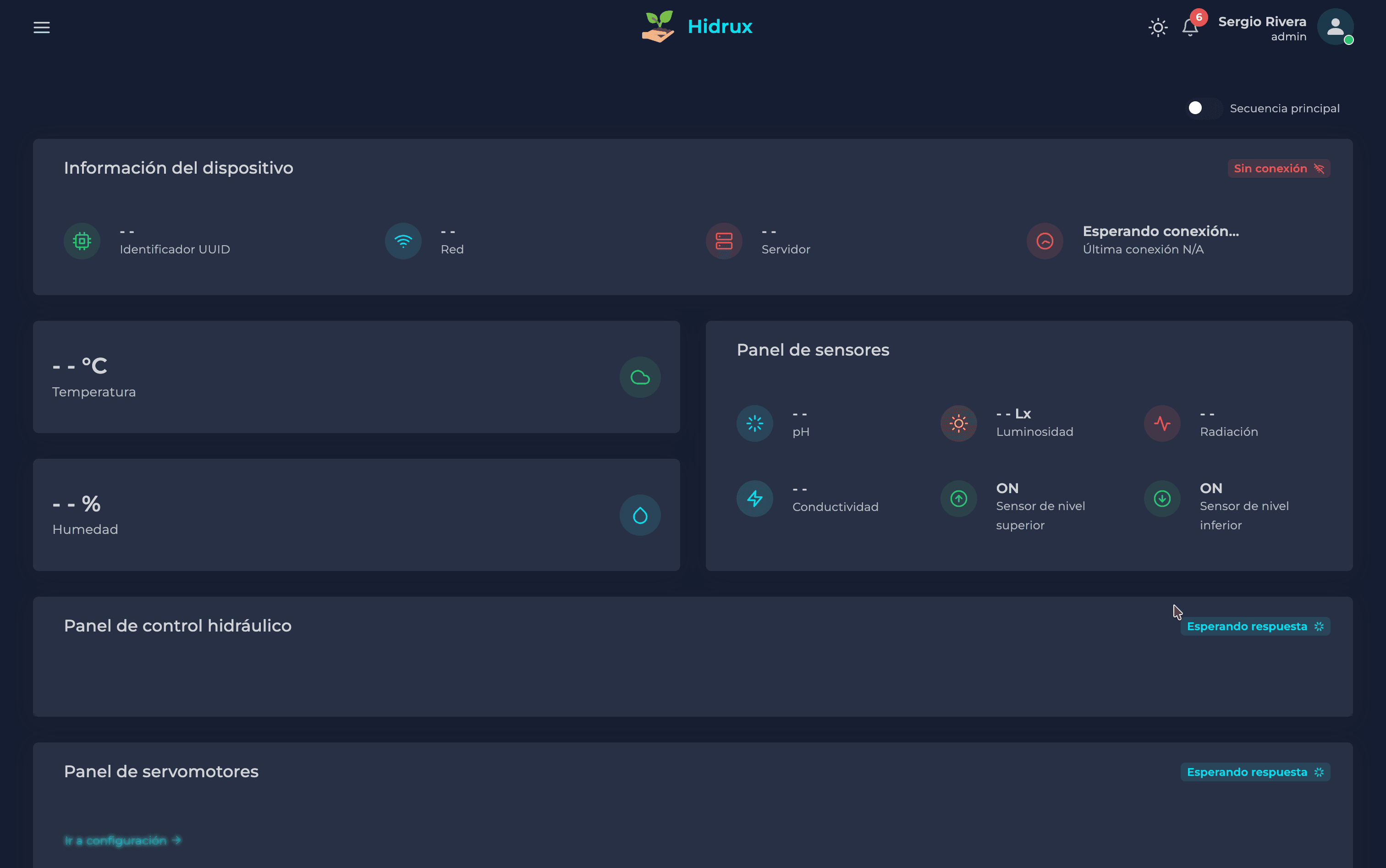 Dashboard: sensores en vivo, estado del dispositivo y paneles de control